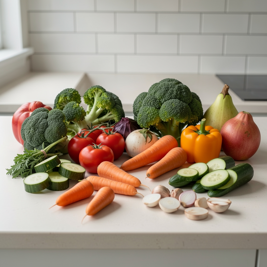 Seasonal vegetables arranged on a pale kitchen surface, portion sizes laid out, editorial composition