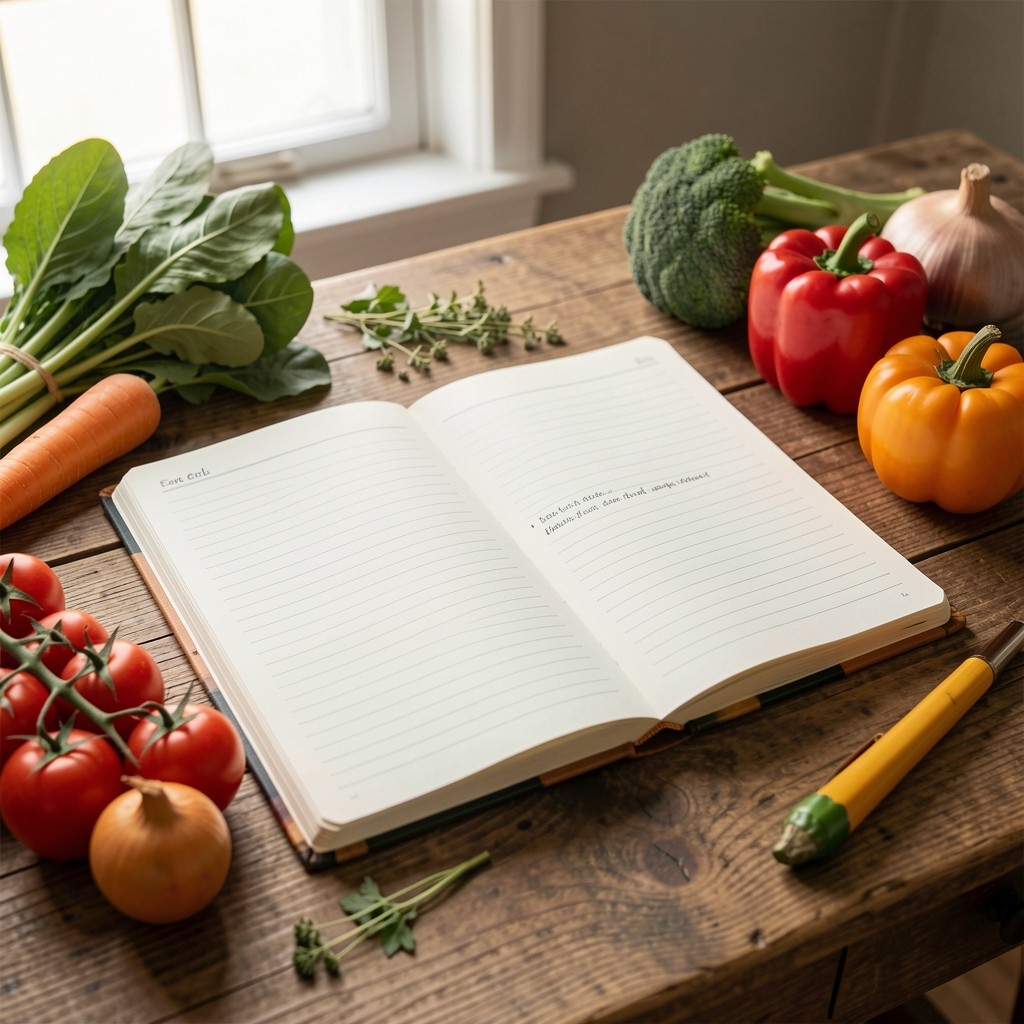 Open food journal notebook on a wooden desk beside seasonal vegetables, soft morning light