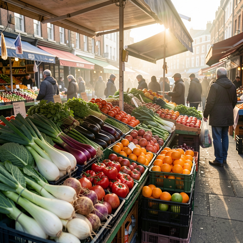Market produce stand with winter vegetables and citrus fruits, early morning light, London market