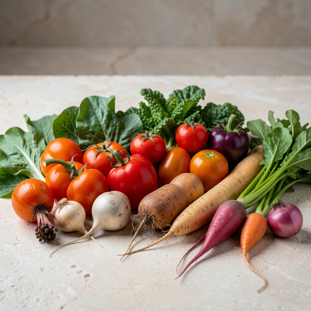 Colourful seasonal vegetables and root produce arranged on a pale stone surface, editorial composition