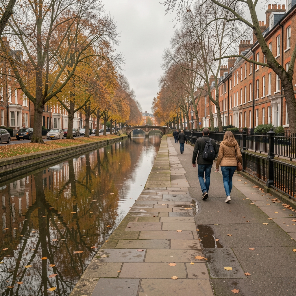 Active morning walk along a London canal path, overcast light, autumn trees reflected in water