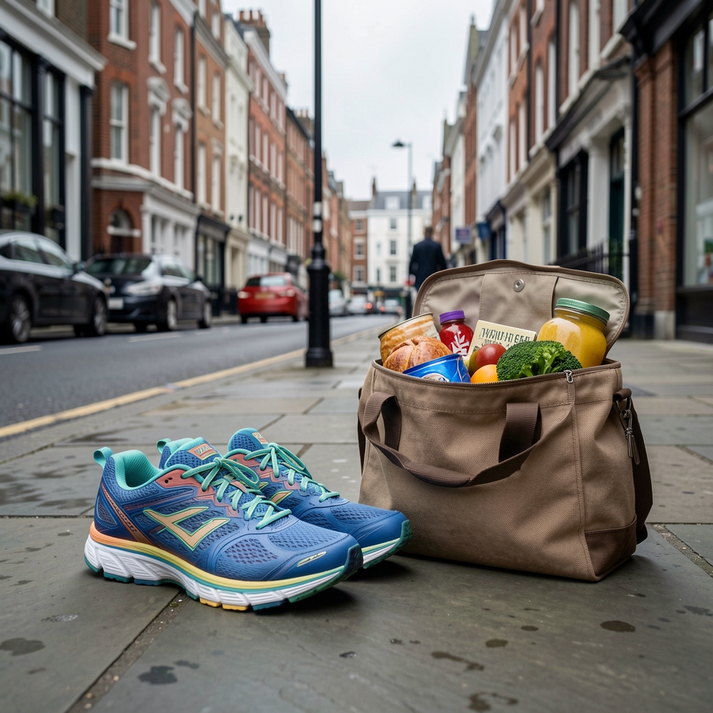 Running shoes on a London pavement beside a packed lunch bag, overcast morning light