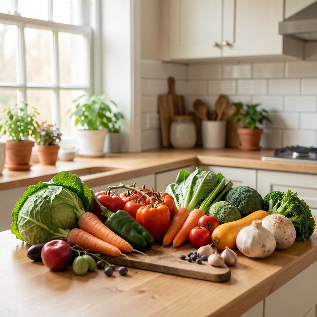 Fresh seasonal vegetables and whole foods arranged in a morning kitchen, natural daylight through window