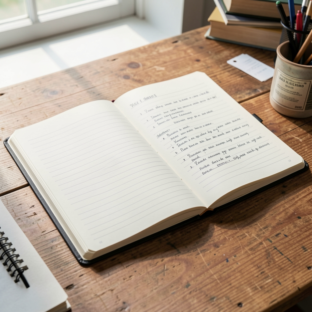 Open notebook on a wooden desk with natural daylight and research notes